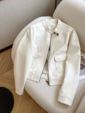 Vintage Biker Women Pu Jackets Streetwear Casual Long Sleeve Y2K Coat American Retro Pockets O Neck Fall Winter Outwear Tops New