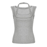 Pbong  Euramerican Sexy Casual Vest Women's Short Square Neck Sleeveless Top New Slim Fit Sweet and Thin Outer Wear Camis Y2k Punk Tops