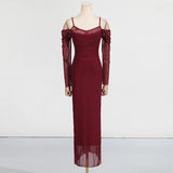 2025 New Lace Patchwork Sexy Streetwear Long Dress V-neck Tight Slit Party Dress Spring Summer Off Shoulder Fashion Vestidos