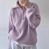 Quarter Zip Sweater Pullover Women Chunky Knit Polo Collar Oversize Jumper Sweater Jacket Teen-girl Autumn Winter Casual Outfit