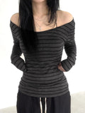 Off Shoulder Striped Crop T Shirts Women Vintage Harajuku Fashion Long Sleeve Tess Female Casual Japanese Y2k Style Top