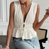Women's Tanks Deep V-Neck Tie Detail Sleeveless Solid Color Top Summer Casual Chic Style Tanks