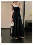 Knit Patchwork Pleat Long Dress Round Neck A-line Fashion Women Dress2025 New Sleeveless Loose Vestidos Chic Female Clothing