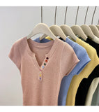 Summer V-Neck Short Sleeve Thin Tshirts Women Pastel Colored Button Knitted T-Shirts Teen-girl Stretch Fitted Tees Y2K Clothing