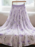 Purple Floral Chiffon Long Skirt Women High Waist Sweet Vintage Elegant Skirts Korean Casual Summer Soft Retro Long Skirts