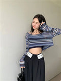 Y2K Harajuku Striped T-shirts Women Crop Tops Vintage Streetwear Sexy Sweet Casual E Girl Long Sleeve T-Shirts Fashion