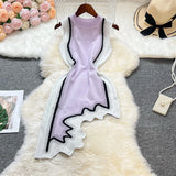 Pbong  Chic Fashion Sexy Irregular Wave Edges Knitted Summer Dress Women Elegant Bodycon Party Dress Streetwear Lady Outfits