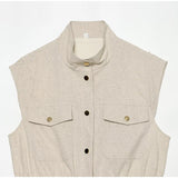 Pbong  Linen Blend Stand Collar Sleeveless Pocket Vest Cinched Waist Sleeveless Summer Women Outerwear Minimal Chic Lady Chaleco