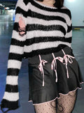 Pbong  Striped Women's Crop Sweater Punk Streetwear Korean Style Hole Thin Knitted Gothic Long Sleeve Y2k Pullover