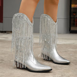 Pbong  Glittering Silver Cowboy Boots with Long Tassels, Pointed Toe Western Boots, Chunky Low Heel Biker Style