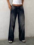 Women Jeans Low Waist Solid Color Wide Leg Straight Trousers with Pockets for Daily Streetwear Fashion Denim Pants