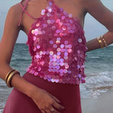 Sequin Camis Top Vintage Deep V-neckline Sleeveless Shirt Vest Women Coquette Backless Slim Fit Crop Tops Y2k Rave Club Party
