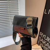 Retro Oil Pu Leather Contrasting Color Autumn Wide Shoulder Strap Single Shoulder Crossbody Small Square Bag for Women