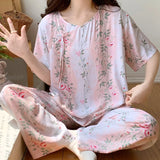 Pbong  Summer New Arrived Retro Pajamas Women Floral Printing Night Suit Female Short Sleeve Sleepwear For Sleeping Pyjama Night Wear