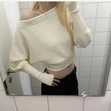 Pbong  Cozy Style Autumn New Loose Casual Shoulder Bared Knitted Sweater Long Sleeve Batwing Sleeve Overhead for Women Comfortable