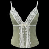 Fairy Coquette Tank Top y2k Women Lace Floral V Neck Spaghetti Strap Sleeveless Vest with Bow 2000s Aesthetic Clothing