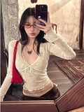 Coquette Aesthetic Mesh T Shirts Women Vintage V Neck Lace Bow Cropped Tops Y2k Sexy Slim Fit Long Sleeve Tee Shirts