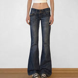 Pbong  American Retro Low Waisted Washed Jeans Women Streetwear Y2K Slim Fit Flared Pants Mujer Fashion Button Pockets Denim Trousers
