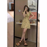 Pbong  Summer Women's Dress Cherry Yellow Flower Slimming High Neck Short Sleeve A-Line Skirt CleanFit Style High Waist Cotton Fabric