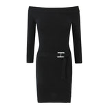 Pbong  Sexy Off Shoulder Striped Knit Package Hip Dress For Women Long Sleeve With Belt Bodycon Mini Dresses New Autumn Robe