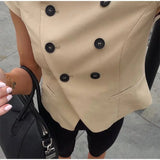 Pbong  Lapel Double Breasted Cap Sleeve Cropped Blazer Jacket Cropped Waist Irregular Hem Summer Chic Casual Lady Office Outfit