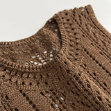 Slim Fit O Neck Hollow Sleeveless Knitted Short Dress Solid Color Brown Streetwear Women Dress Fashion Retro Vestidos New