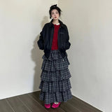 Vintage Ruffle Plaid Skirt Women Elegant Sweet Long Skirts Japanese Style Streetwear Fashion Patchwork Layered Skirt