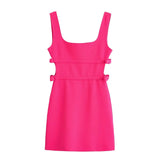 Fashion Bow Hollow Out Sleeveless Square Neck Short Dress Tight Sexy Backless Rosered Summer Dress  New Female Clothing