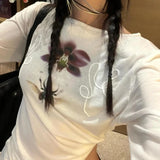 Y2k Printed Off Shoulder T-shirt Sweet Transparent White Long Sleeve T-Shirts Korean Fashion Casual Loose Tops Slim Up