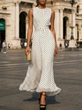 Elegant Polka Dot Long Dress Women Summer Fashion Sleeveless O-neck Maxi Dresses Casual
