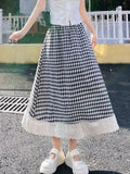Pbong  Sweet Plaid Long Skirts Women Preppy Style Loose Elegant A Line Skirt Vintage High Waist Lace Patchwork Cute Female Skirts