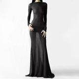 Pbong  Women See Through Mesh Long Dress Long Sleeve Tie-Up Backless Bodycon Dress Evening Party Sexy Dress Beach Cover-ups