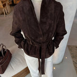 Elegant Women's Belt Suede Jackets Lace Up Lapel One Button Long Sleeve Coat 2025 Autumn Lady Vintage Loose Street Outwearrs