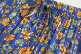 Pbong  Blue Floral Print Midi Skirt Spliced Ruched Ruffle Hem Hippie Women Tassel Bow Elastic Waist Swing Skirts Holiday