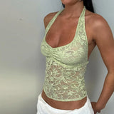 Lace Halter Neck Vest Women's Vacation Hot Girl Sexy Tanks Top Plunge Slim Sleeveless See Through Fashion Summer Camis