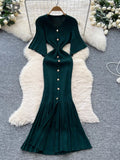2025 Autumn Sweater Dress Female High Quality Button Design V Neck Solid French Style Elastic Knitted Women's Dress