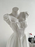 Pbong  Vintage French Style Square Neck Waist Shaping Two-Tier Puff Dress
