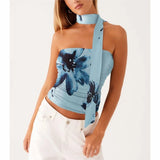 y2k Tube Tops with Scarf Women Sexy Cothes Floral Printed Off Shoulder Strapless T Shirts Bandeau Vest Club Streetwear