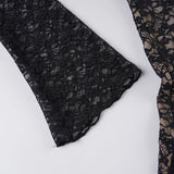 Pbong  Elegant Fashion Sexy Lace A-Line Dress See Through Dark Bandage Backless Square Collar Long Sleeve Mini Dresses For Women