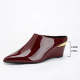 Pbong  New Designer Wedge Sandals Woman Luxury Patent Pointed Toe Heeled Slippers High Quality Mules Shoes Big Size 43