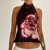 Women Y2k Graphic Print Halter Tank Top Summer Sleeveless Going Out Crop Tops Boho Sexy Backless Vacation Beach Camisoles Vest