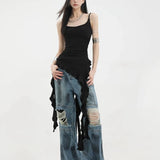 Sexy Tank Top Asymmetrical Black Y2k Women Ruffle Grunge Backless Coquette Fashion Streetwear Tops Solid Aesthetics