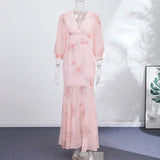 Pbong   Elegant Women Printed Long Dress Fashion Half Sleeve V-neck Floral Cinched Waist Female Dresses Summer Lady Robe New