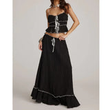 Pbong  y2k Two Piece Set Women Sexy Striped Spaghetti Strap Sleeveless Camisole with Ruffle Trim Pleated Long Skirt Streetwear
