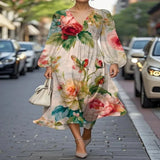 Pbong  Sexy Casual Floral Print Dress High Collar Full Sleeve Knee Length Polyester Fiber Independent Station Cross Border Dress