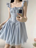 Pbong  Sweet French Blue Dress Women Elegant Lace Patchwork Retro Sexy Mini Dress Casual Square Collar Flying Sleeve Vestidos New