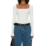 y2k Crop Tops Women Sexy Clothing Solid Color Square Neck Long Sleeve T Shirts 2000s Party Clothes Club Streetwear