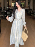 Women Elegant Blue Tie-Dye Dress  Autumn Fairy V-Neck Long Dress French Party Prom Evening Clothing New Holiday Outfits Vestidos