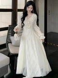 Autumn Elegant Solid Ruffles Fairy Dresses Korean Fashion Slim  A Line Midi Dress Women Princess Party Vestidos New