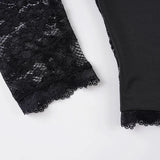Pbong  Sexy Patchwork Lace T Shirt Slim Hollow Out Square Collar Long Sleeve Tees Women Autumn Spring Fashion Streetwear Ladies